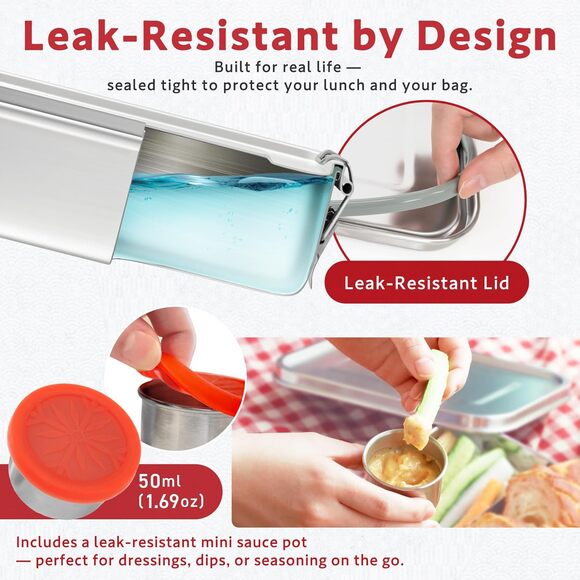 HIBINO 1200ml Stainless Steel Bento Box Leakproof Lunch Box, Divider & Sauce Cup - Picture 5 of 8